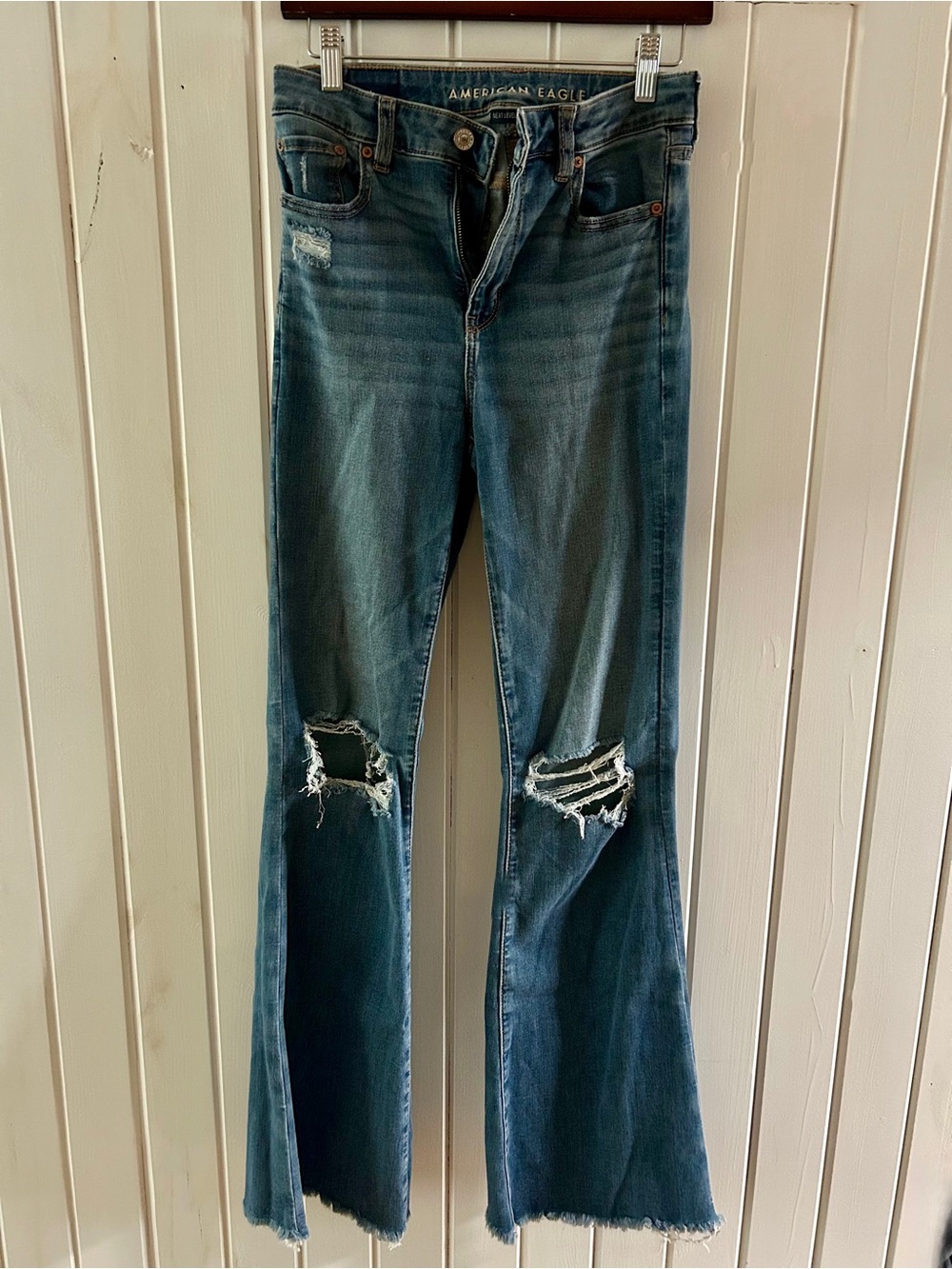 American Eagle Outfitters Distressed Flare Jeans - Medium Blue